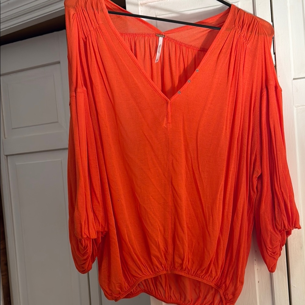 Free People Orange Asymmetrical 3/4 Sleeve Blouse